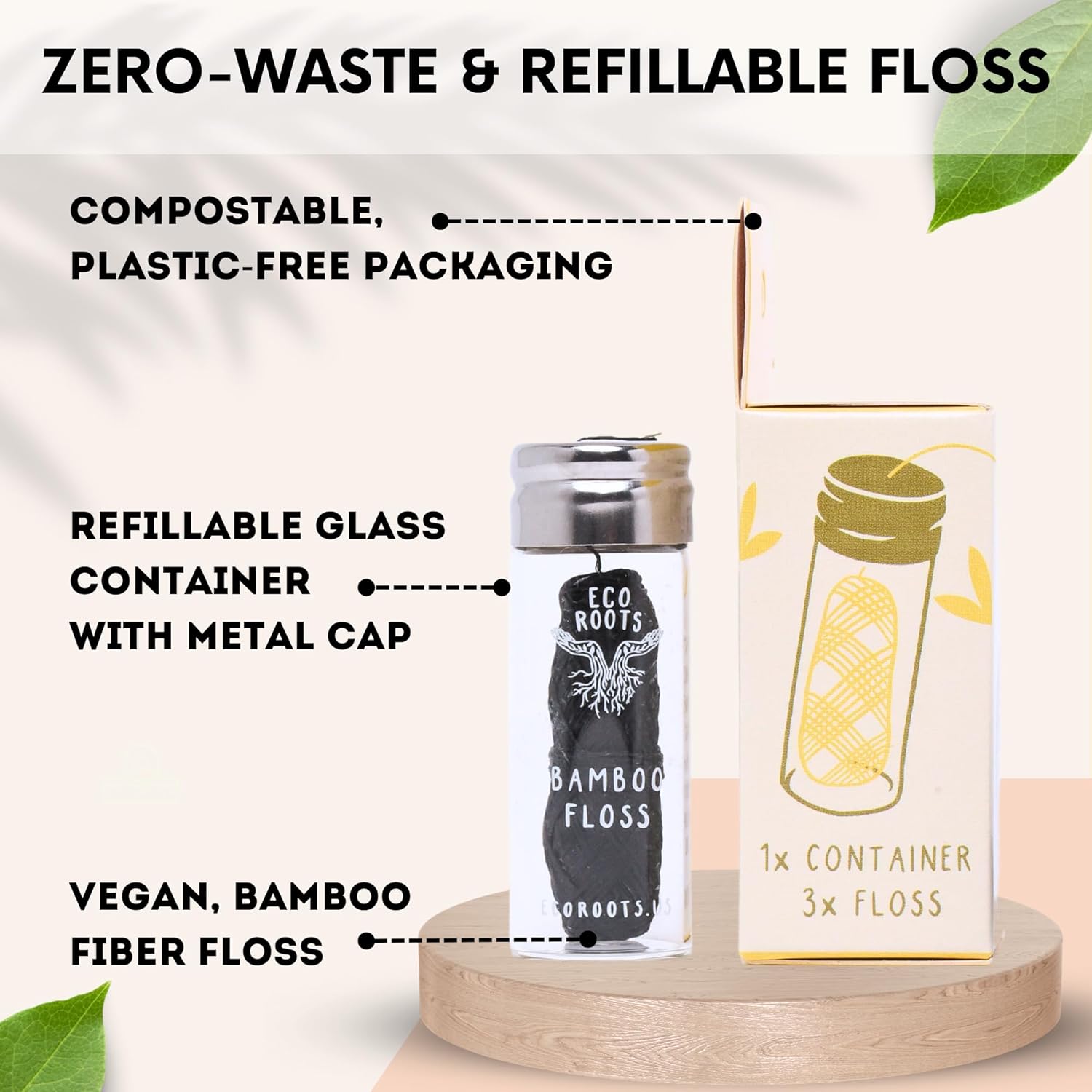Natural Bamboo Dental Floss: 1 Refillable Glass Container + 3 Biodegradable Bamboo Floss Refill (33 Yards Each), Eco-Friendly, Vegan, Non-Toxic Natural Floss - Refillable Zero Waste Black Thick Floss