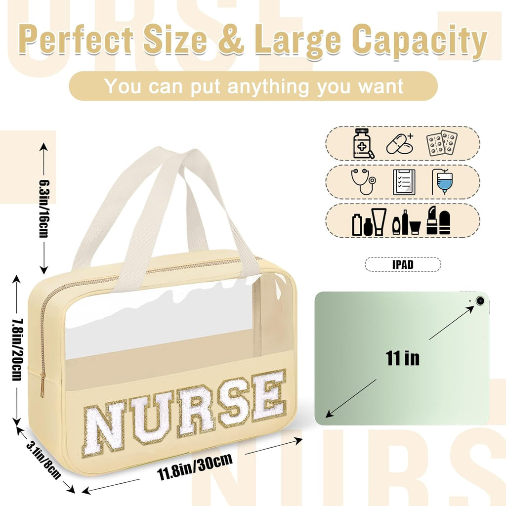 Nurses Week Gifts Chenille Letter Clear NURSE Makeup Bag for Women,Preppy Nurse Cosmetic Pouch Zipper with Handle Nurse Essentials Bag for Work Supplies,Labor and Delivery Nurse Gifts(NURSE-Beige)