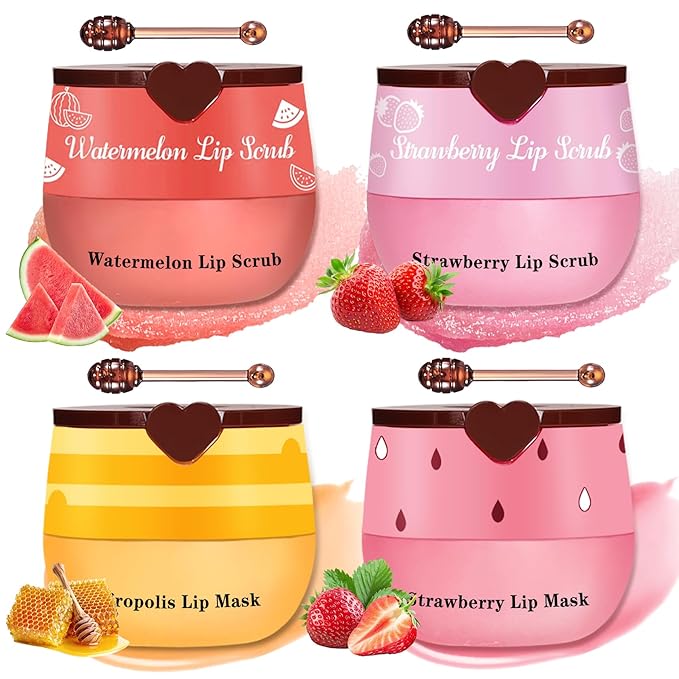 4PCS Lip Scrub and Mask Set,Strawberry and Honey Pot Lip Balm,Reduces Lip Lines Lip Exfoliator Scrub and Moisturizer,Repair Bee Lip Balm and Lip Scrub Set,Lip Mask Overnight