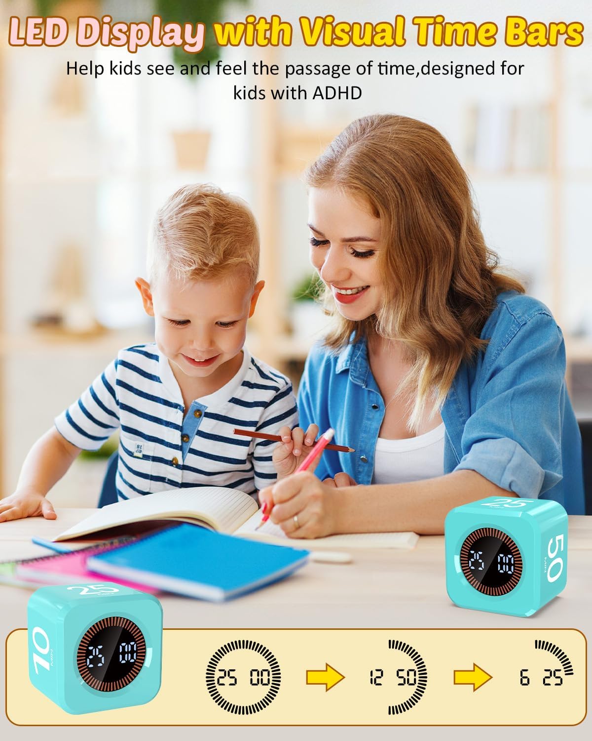 Pomodoro Timer Cube Visual Productivity Flip Timer for Kids Classroom Desk, 5/10/25/50min&Custom Countdown, Silent&Sound Mode Digital Cube for ADHD Study Work School Game Kitchen (Mint Green)