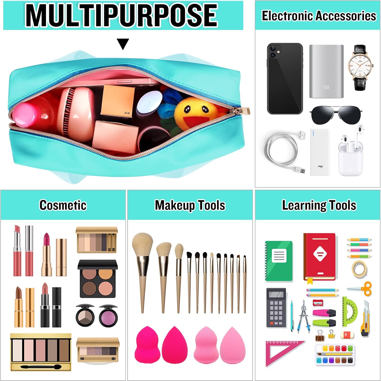 Preppy Clear Stuff Makeup Bags with Chenille Letter Patches, Travel Essentials Large Clear Make up Bag Zipper Pouch with Handle, Waterproof Nylon Cosmetic Toiletry Storage Tote for Women (STUFF-Green)