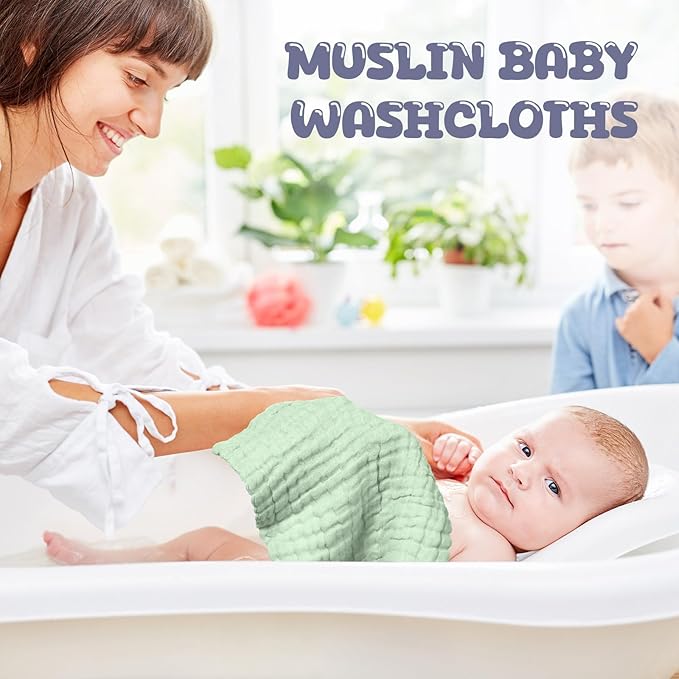 Breling 20 Pcs Baby Muslin Washcloth 12 x 12 Inch 100% Cotton Soft and Absorbent Muslin Washcloth Burp Cloth Wipe Newborn Face Towel for Baby Boy Girl Sensitive Skin(White, Light Green, Green)