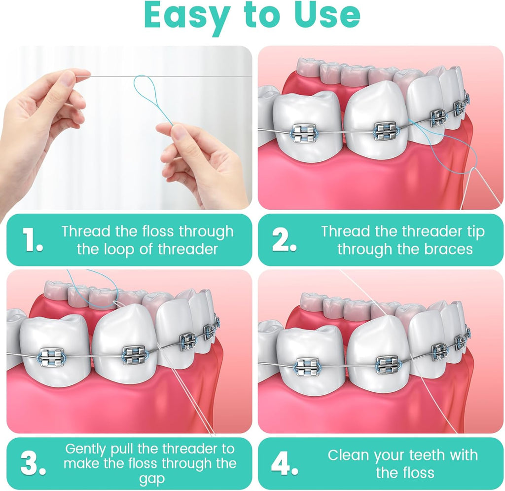 Floss Threaders 400 Count/4 Pack, with 2 Pack of 50M Mint-Flavored Waxed Dental Floss, for Braces, Bridges, Implants, Permanent Retainer