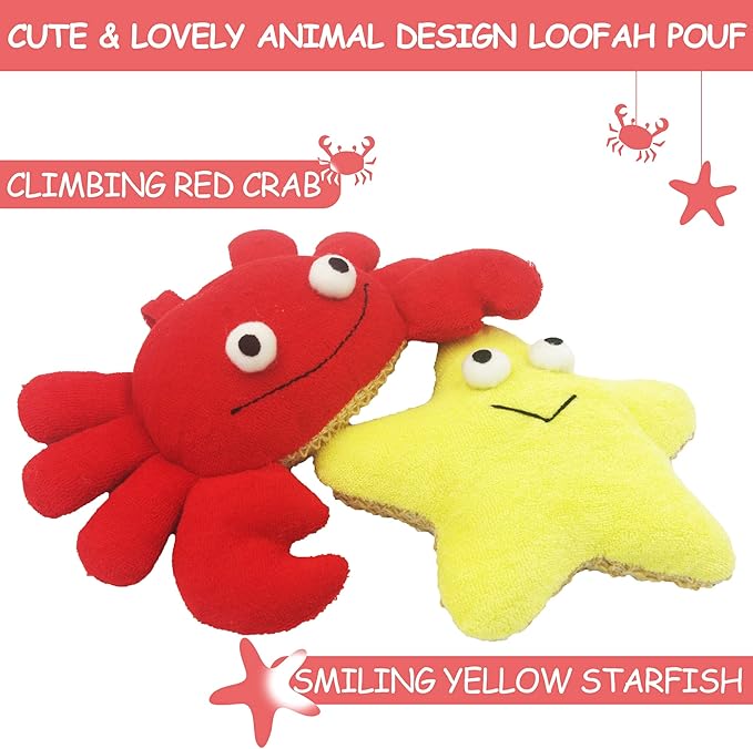(2 Pack) Animal Body Scrubber Natural Linen Shower Ball for Toddler Kids Gentle Exfoliating Bath Sponge Loofah Pouf in Yellow Starfish Red Crab with Cute Big Eyes Design