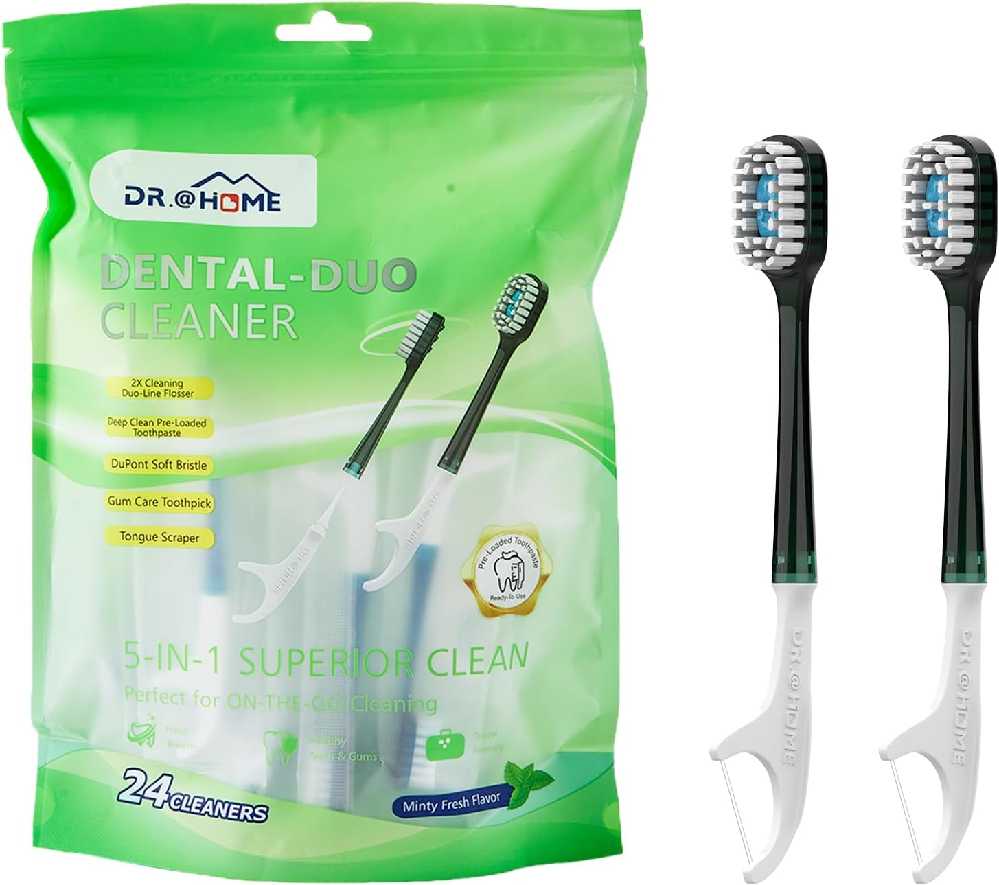 Disposable Travel Toothbrush on The go, Oral Care Set, Prepasted Mini Toothbrush 5 in 1 (Mint Paste+ Soft Bristles+Flosser+Pick+Tongue Scraper) | Individually Wrapped 24 Count - 1 Pack