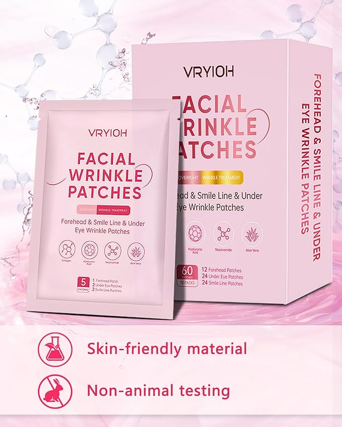 3 IN 1 Forehead, Smile Line & Under Eye Wrinkle Patches, Overnight Facial Wrinkle Treatment with Hyaluronic Acid, Collagen to Lift Lines for Women, 60 Patches