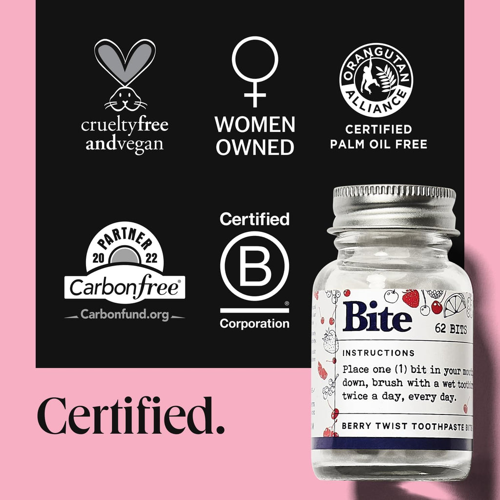 Bite Whitening Toothpaste Tablets – Nano Hydroxyapatite & Xylitol (Berry Twist) | Sensitive Teeth & Kid-Friendly | No Fluoride, Vegan, Cruelty-Free | Travel-Size | 2 Bottles (124 Bits) | Made in USA