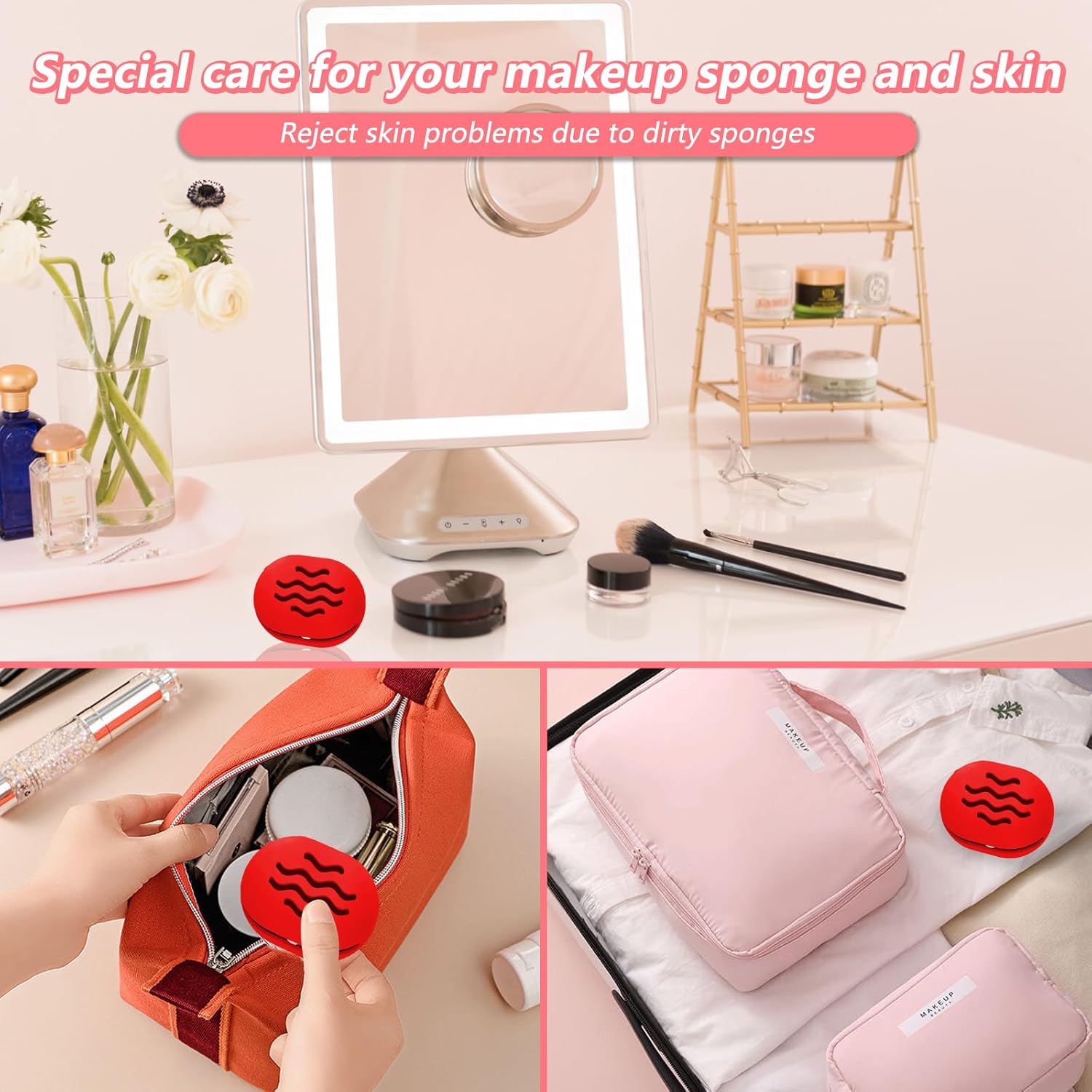 Makeup Sponge Holder,Travel Make up Sponges Organizer,Silicone Shatterproof Make Up Sponge Case,Breathable makeup sponge case, suitable for business or travel（Red）