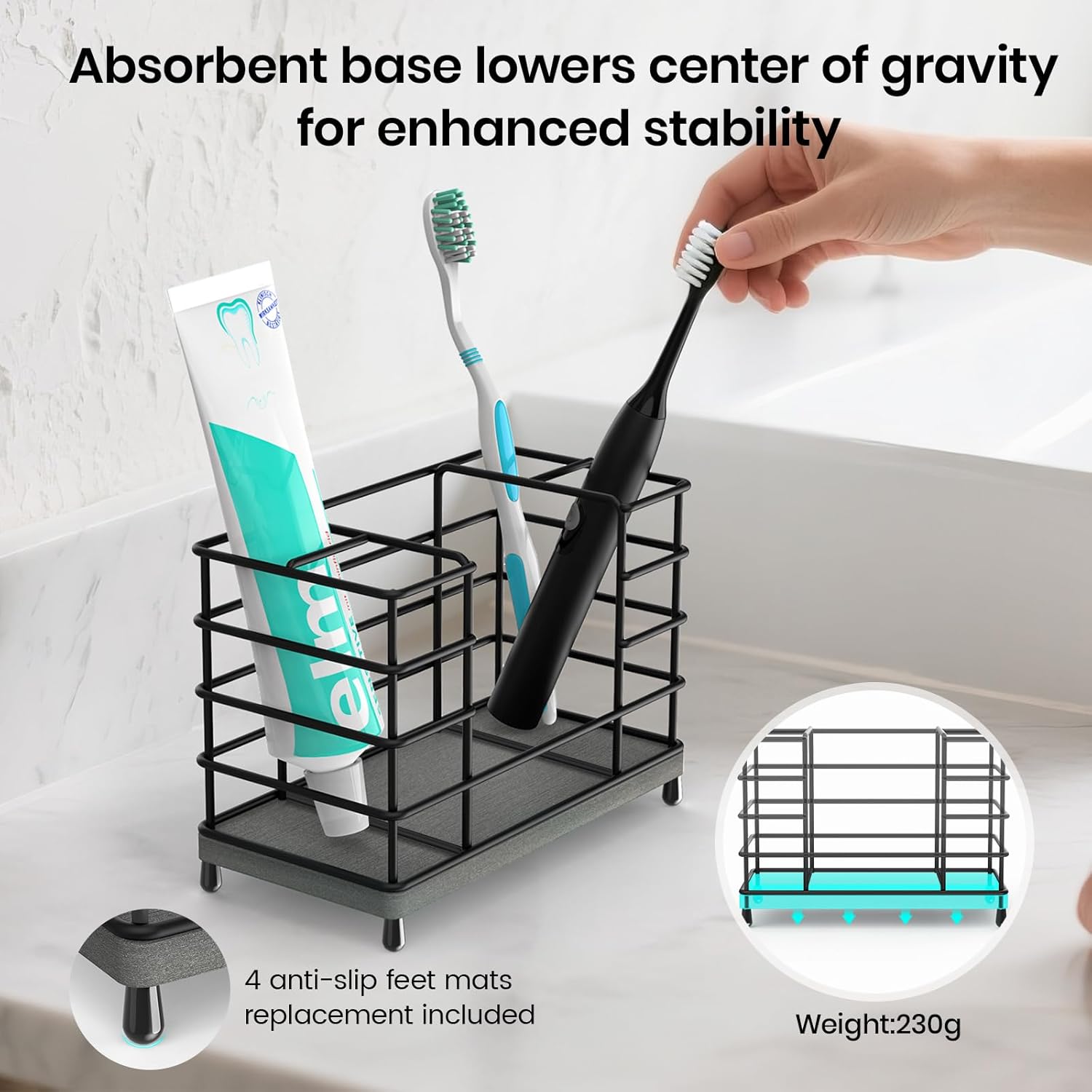 Toothbrush Holder with Quick Drying Mat—Toothbrush and Toothpaste Holders for Bathrooms—5 Slots Openwork Design Black Toothbrush Holder Set,Bathroom Counter Organizer for Electric Toothbrush