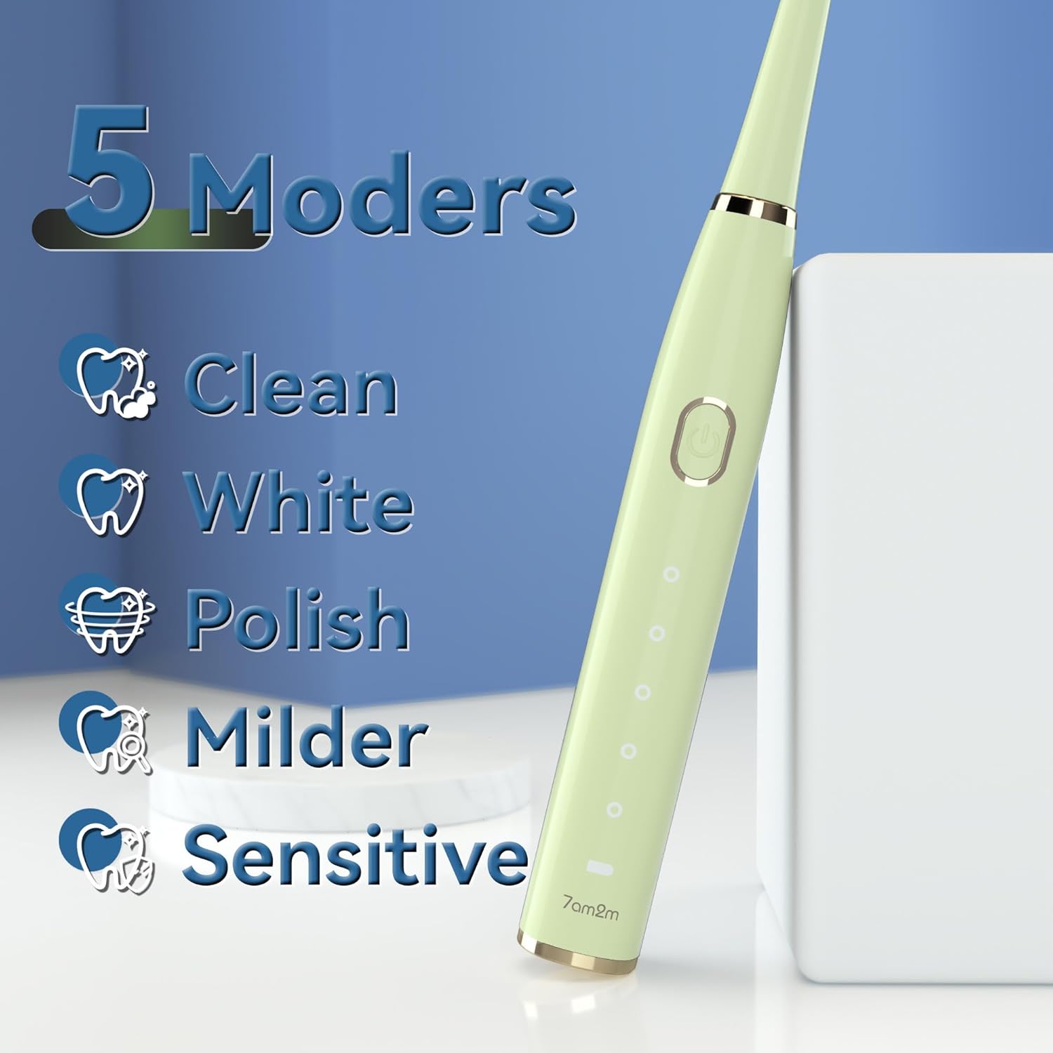 7AM2M Sonic Electric Toothbrush for Adults and Kids- High Power Rechargeable Toothbrushes with 8 Brush Heads,5 Adjustable Modes, Built-in 2-Minute Smart Timer,4 Hours Fast Charge for 30 DaysGreen