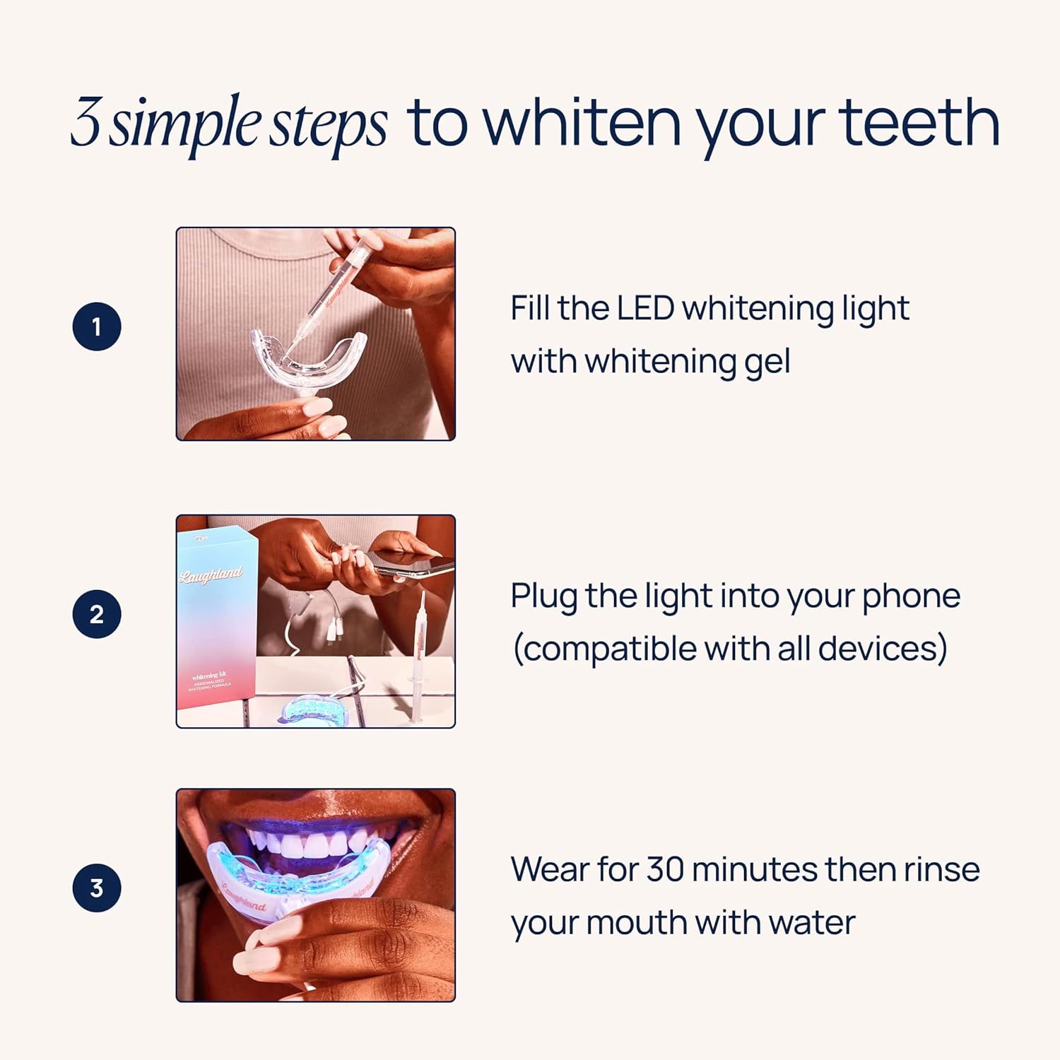 Laughland Gentle Teeth Whitening Kit, Phone-Powered LED Mouthpiece & 3 Whitening Gel Syringes, Sodium Bicarbonate, Aloe Vera & Mint, for Sensitive Teeth, at-Home Dental Care, 6+ Treatments