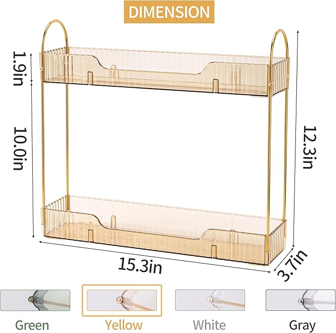 YCIA&DONE 2 Tiers Narrow Vanity Makeup Organizer, Bathroom Organizers Countertop Slim, Perfume Holder Skincare Storage Cosmetic Shelf Spice Rack, for Small Desktop Counter Space, Amber Gold