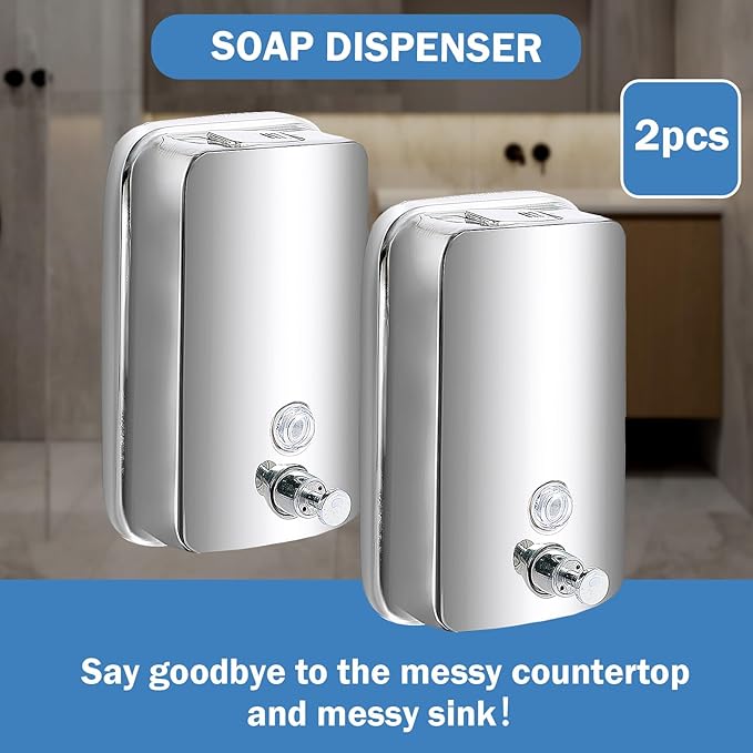 2 Pack 1000ml Hand Soap Dispenser, Commercial Soap Dispenser Wall Mounted, Stainless Steel Refillable Soap Liquid Dispenser for Bathrooms, Toilets, Hotels, Restaurants (Silver)