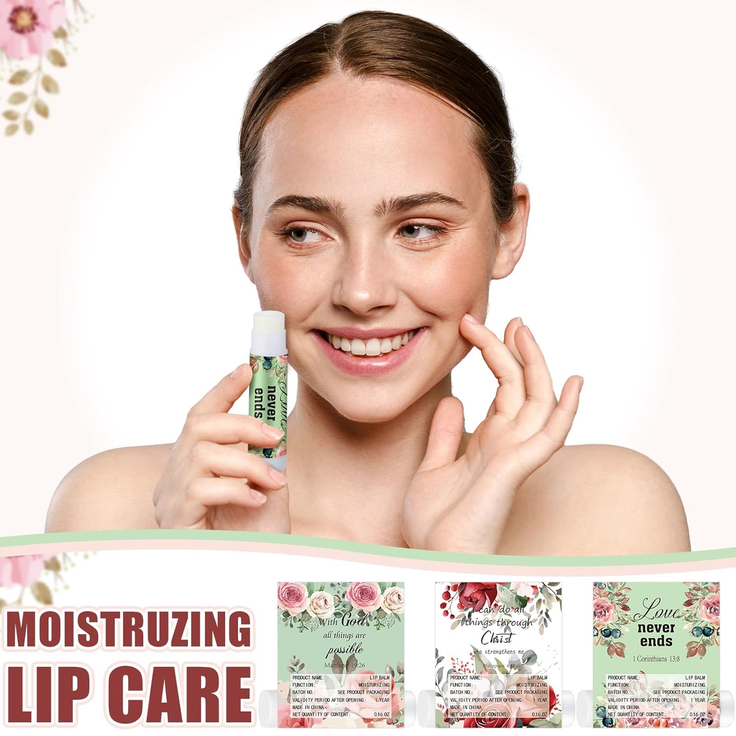 50 Pack Christian Religious Gifts Bulk Lip Balms for Women Men Church Party Favors Bulk Bible Verse Lip Balm with Scripture Inspirational Gifts for Coworkers Staff Employee (Christian Floral)