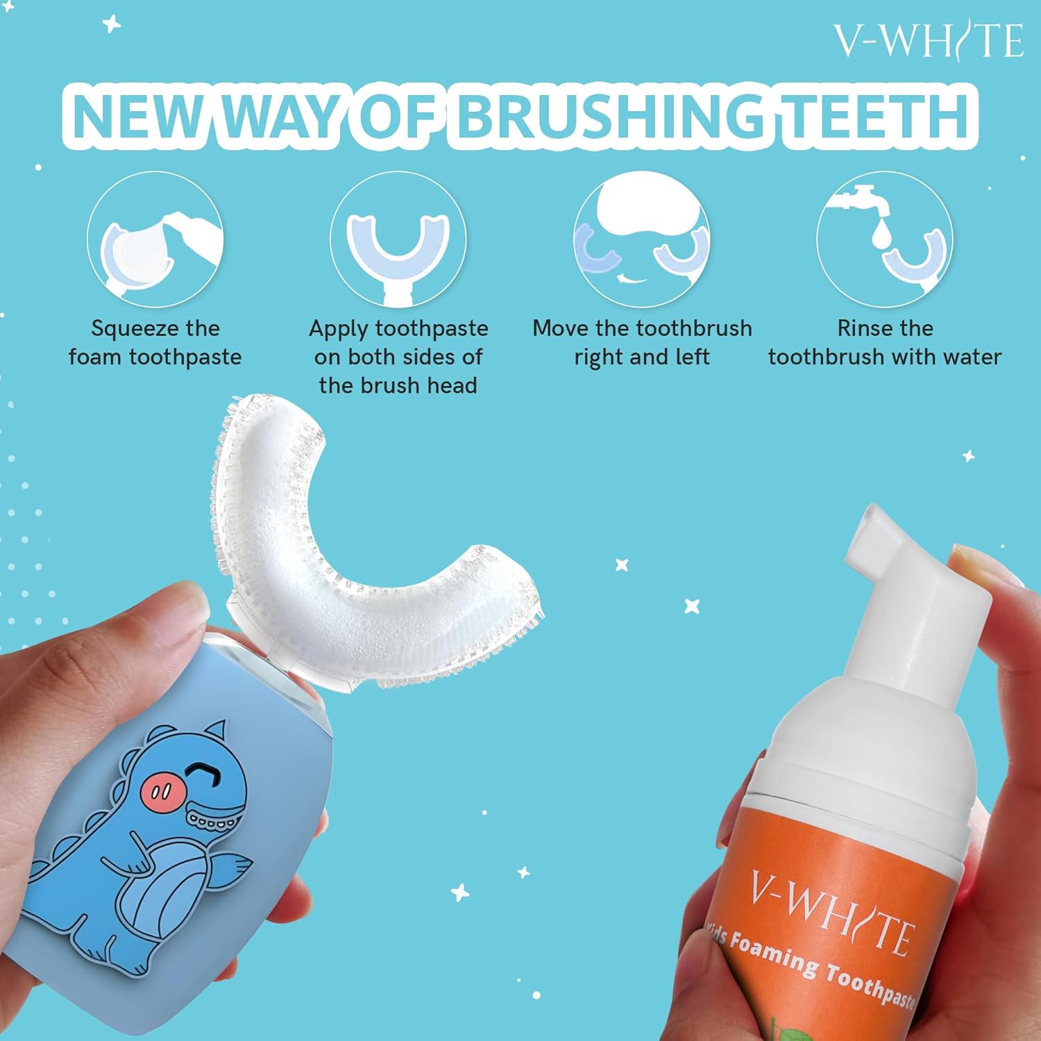 V-White Foam Teeth Whitening Toothpaste - Organic Toothpaste Fluoride Free, Alcohol Free, pH Balanced - Deep Cleansing, Stain Removal, Travel Friendly, for Kids & Adults (Large, Orange)