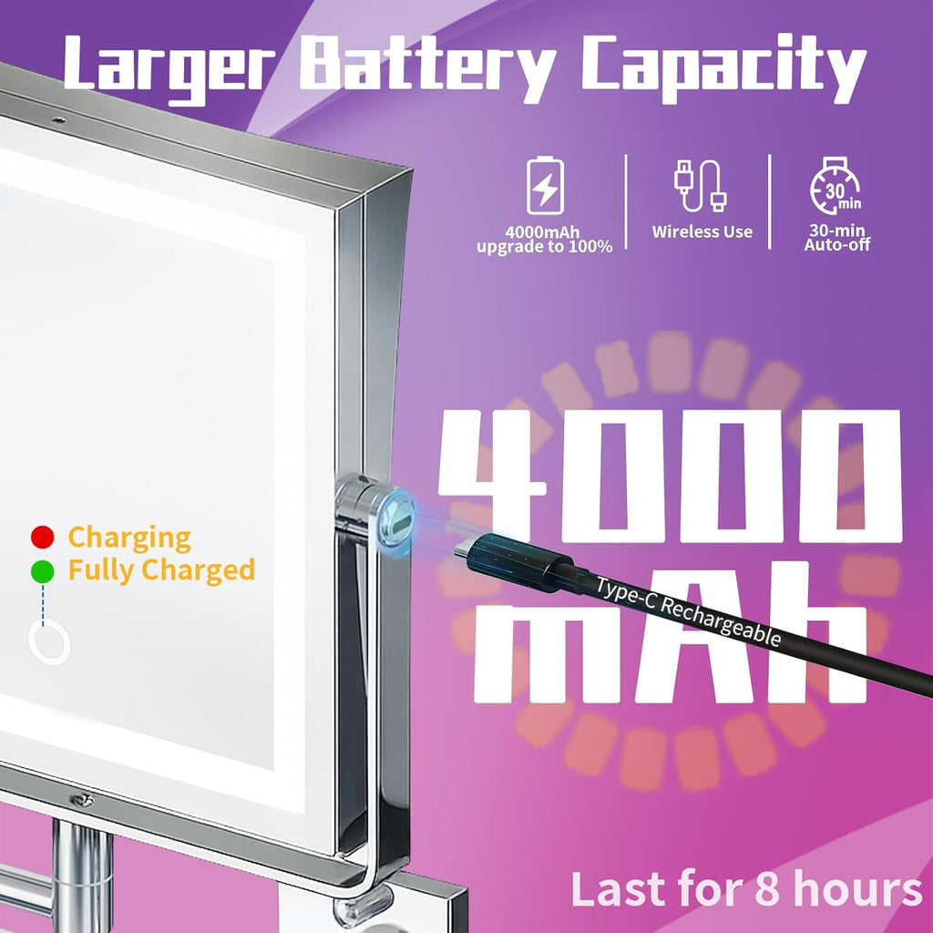 Wall Mounted Makeup Mirror with Lights 4000mAh Rechargeable Double Sided 1X/10X Magnifying Lighted Vanity Mirror with 3 Color Lights & Touch Dimmable 360° Rotation Extension Swing Arm for Bathroom