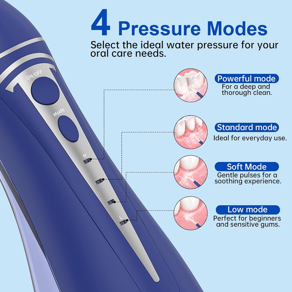 Water Dental Flosser Pick for Teeth: Cordless Rechargeable Oral Irrigator - 4 Modes IPX7 Waterproof 300ML Removable Tank Electric Dental Flossing Machine for Braces, Travel & Home Use (Dark Blue)