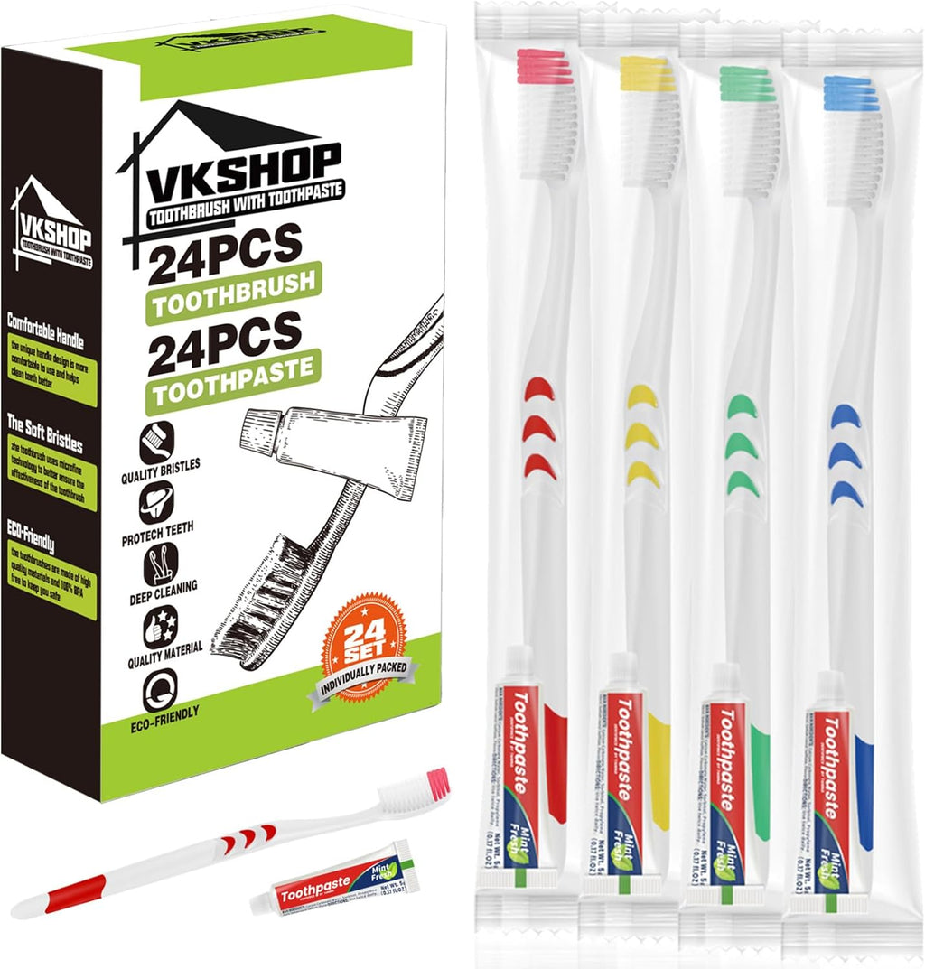 24 Pack Disposable Toothbrush with Toothpaste, Individually Wrapped Travel Toothbrush Kits, Soft Bristles for Travel, Hotels, Camping, Donations, Dental Care (White)