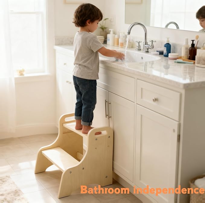 Toddler Step Stool, 2-Step Wooden Step Stool with Adjustable Hight, Sturdy 330lbs Capacity Kid Stool for Toddlers, Easy-Wipe Surface (Natural Wood)