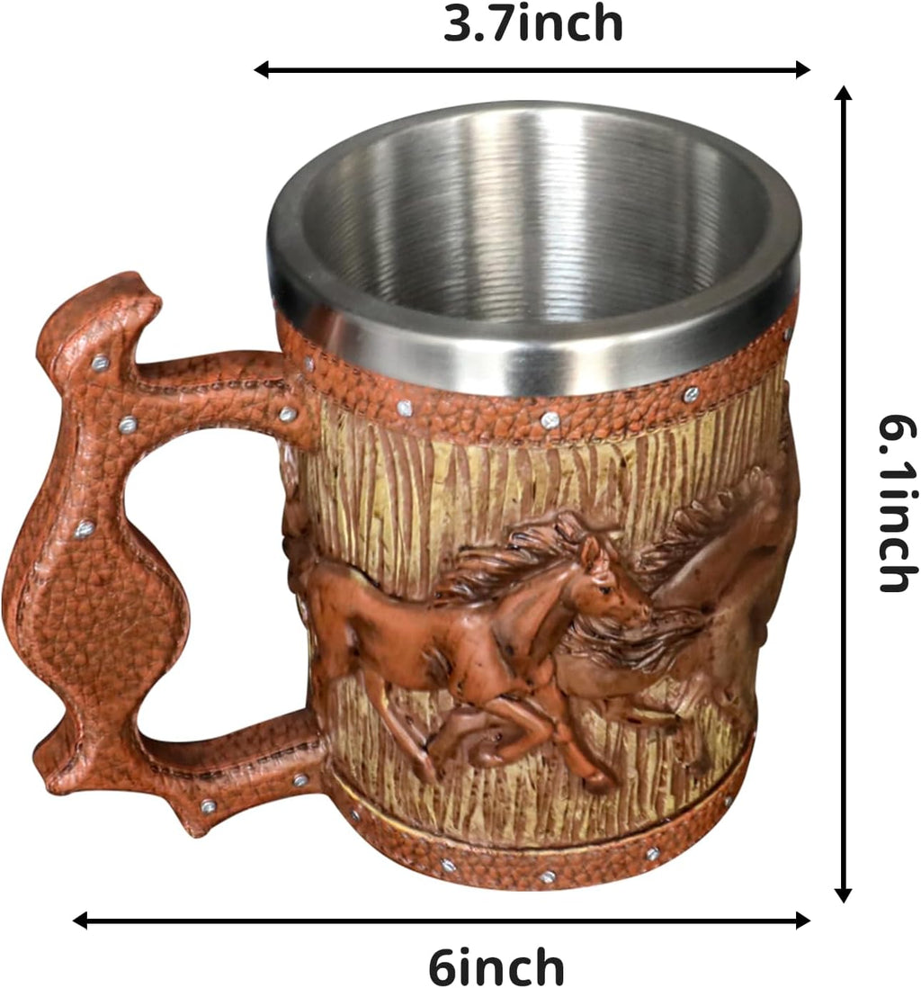 Wooden Barrel Beer Mug, 20oz Stainless Steel Horse Mug Coffee Cup Horses Gifts for Women Men Gift for Birthday Christmas, Gothic Decor Party Decoration Drinkware Gift