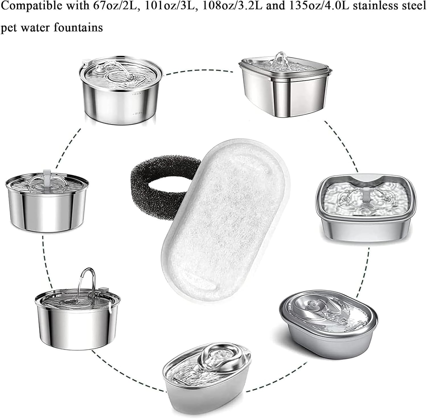 TuTuYa 20PCS Cat Water Fountain Filter, 10 Pack Cat Fountain Filter Replacement with 10 Sponges, for 108oz/3.2L & 67oz/2L Stainless Steel Pet Water Dispenser