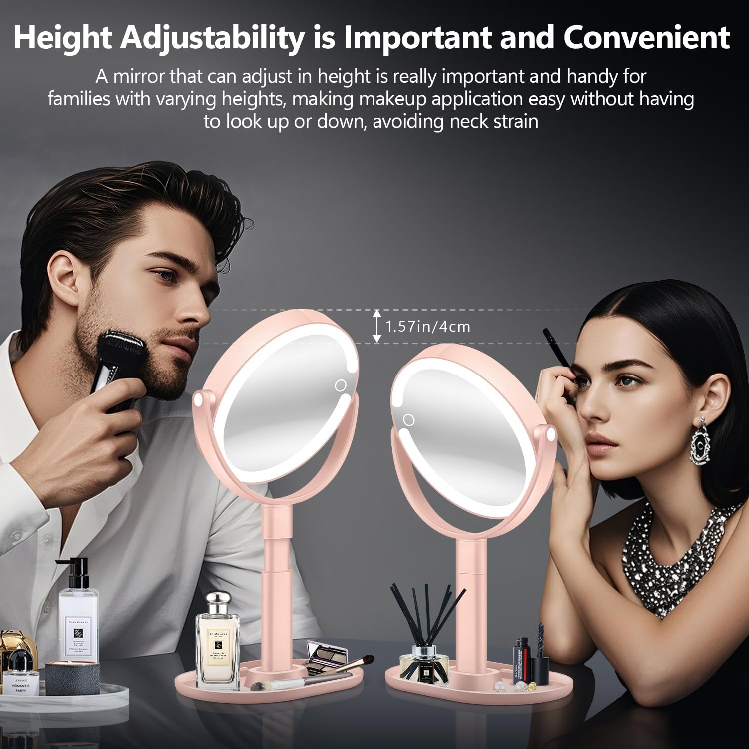 MIYADIVA Makeup Mirror with Lights, 20X Magnifying Mirror with Light and Touch Switch, Vanity Mirror with 3 Color Light and 80 LEDs, Height Adjustable Desk Mirror with Light, Pink