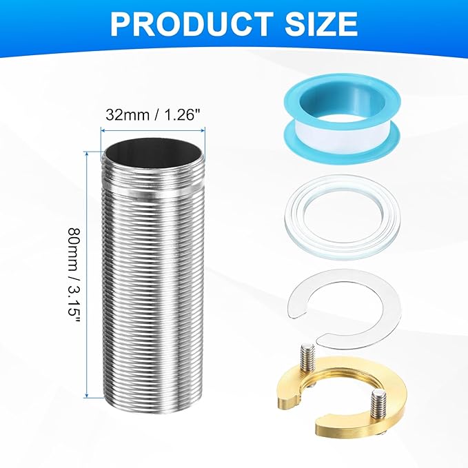 uxcell Faucet Mount Extension Shank 3.2"x 1.25" Stainless Steel Pipe Faucet Extension Nipple Locknut Kit with Stainless Steel Thick Anti-Loose Nut and Gasket Fittings for Basin