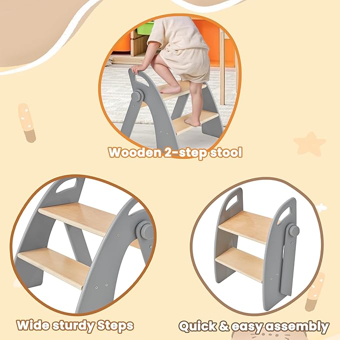 Wooden Step Stool, Two Step Stools, 300 lb. Load Capacity, with Safety Non-Slip Pads and Handles, Bamboo Step Stool for Bathroom and Kitchen, Children's Christmas Gift (Grizzly)