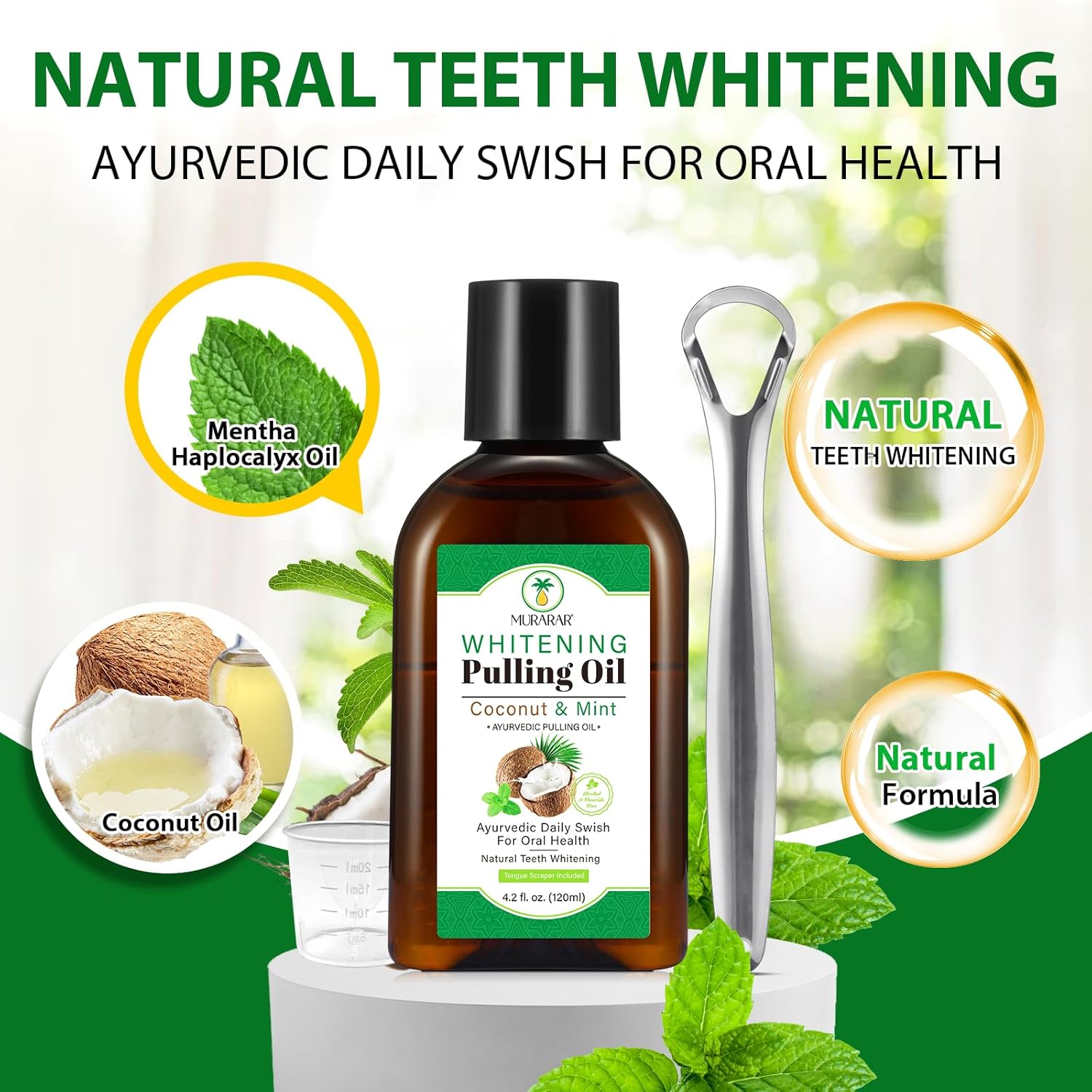 2 Pack Oil Pulling 4.2 Fl.Oz, Coconut Mint Oil Pulling Mouthwash for Fresh Breath with Tongue Scraper and Measuring Cup