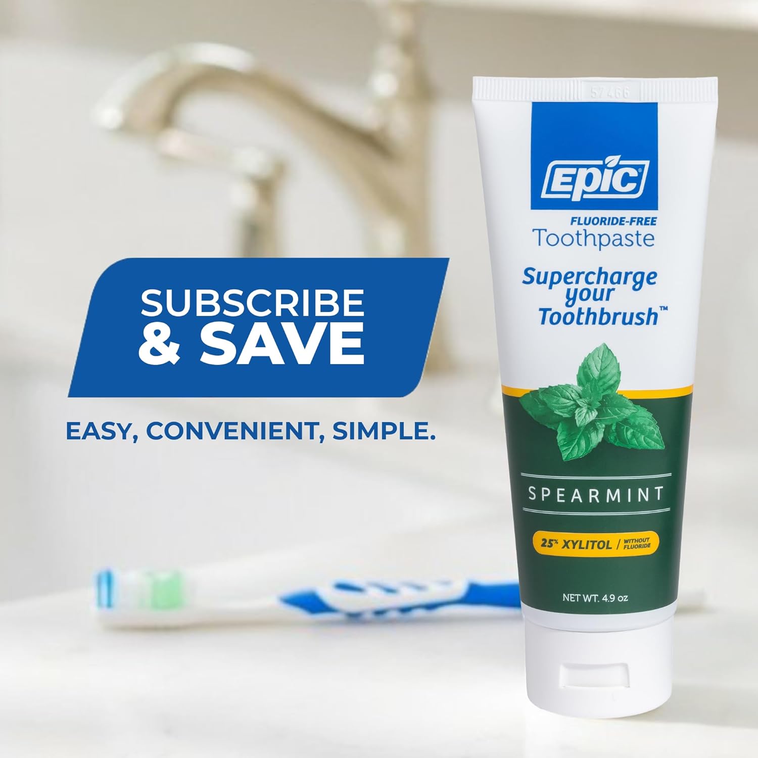 Epic Xylitol Toothpaste for Adults - Fluoride-Free Toothpaste with 25% Xylitol - SLS-Free Formula for Dry Mouth & Fresh Breath - Spearmint, 4.9oz (2-Pack)