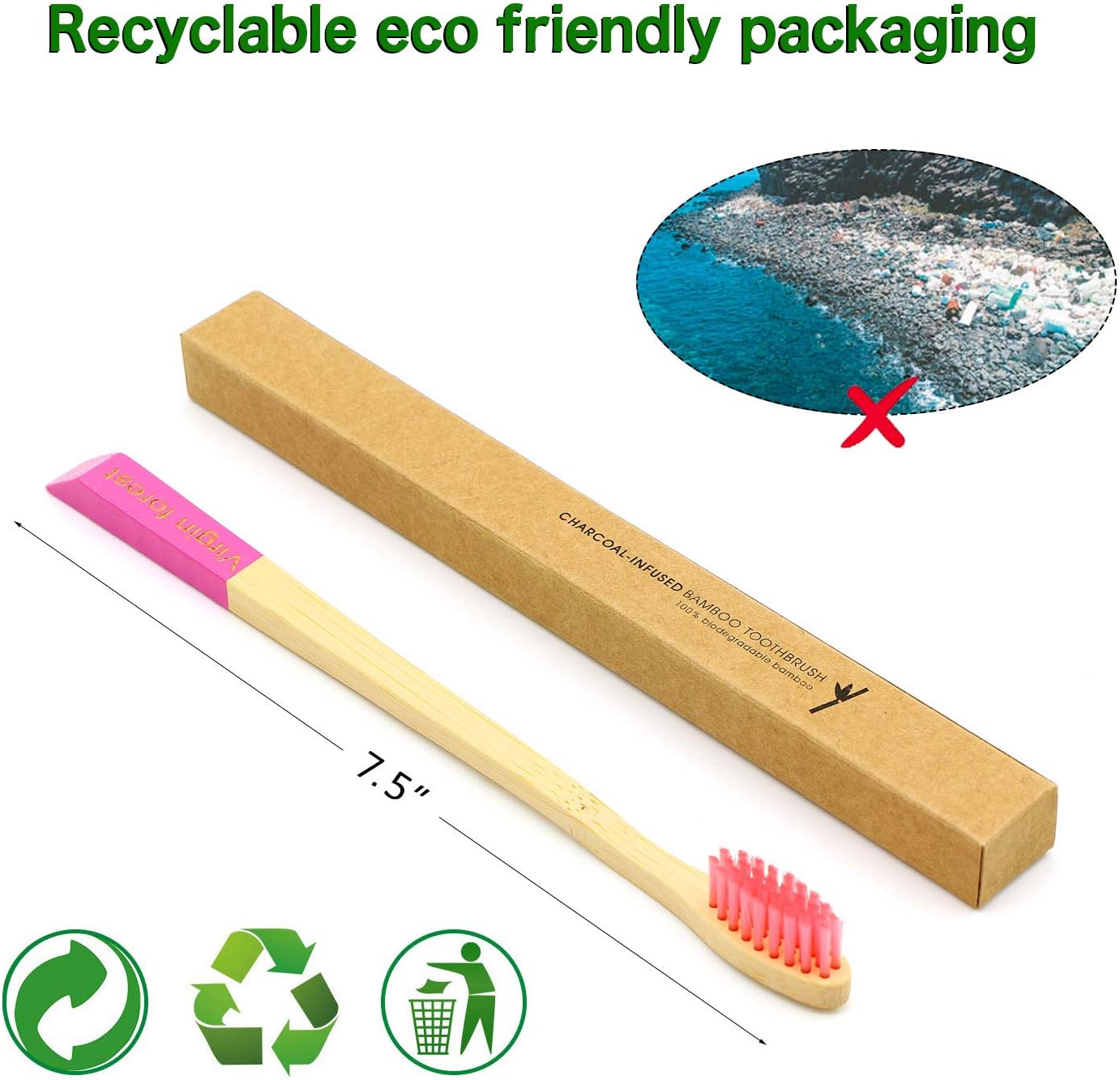 Virgin Forest Bamboo Toothbrush, Natural Eco Friendly Wood Toothbrushes, Biodegradable Charcoal Tooth Brush, Pack of 6