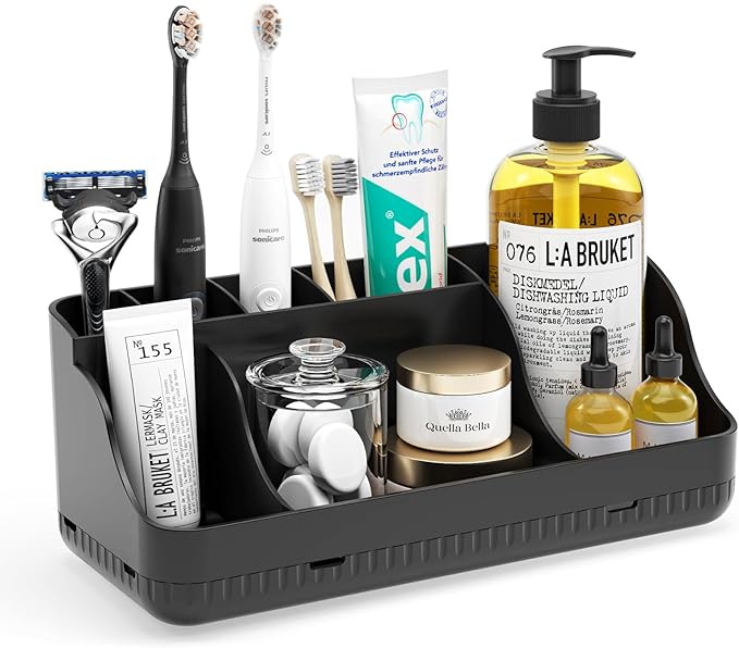 Bathroom Counter Organizer and Storage, 7 Slots Detachable Toothbrush Holders for Bathrooms, Anti-Slip Electric Toothbrush and Toothpaste Holder Countertop Vanity Organizer Accessories for Adults Kids