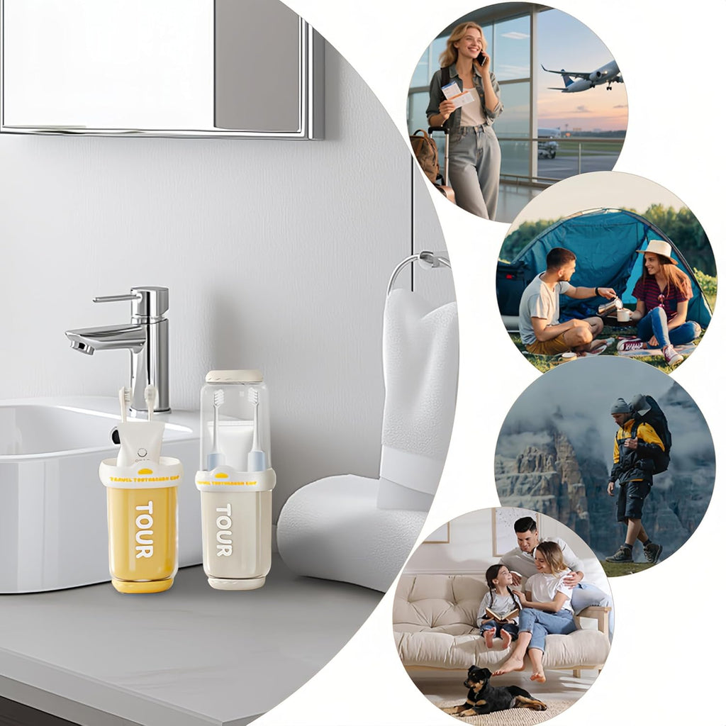 Toothbrush Travel Case, 2 pack Portable Tooth Brush and Toothpaste Holder Rinse Cup Cover Container Compact Oral Clean Tools Organizer for Camping Traveling Home School Business(White + Yellow)