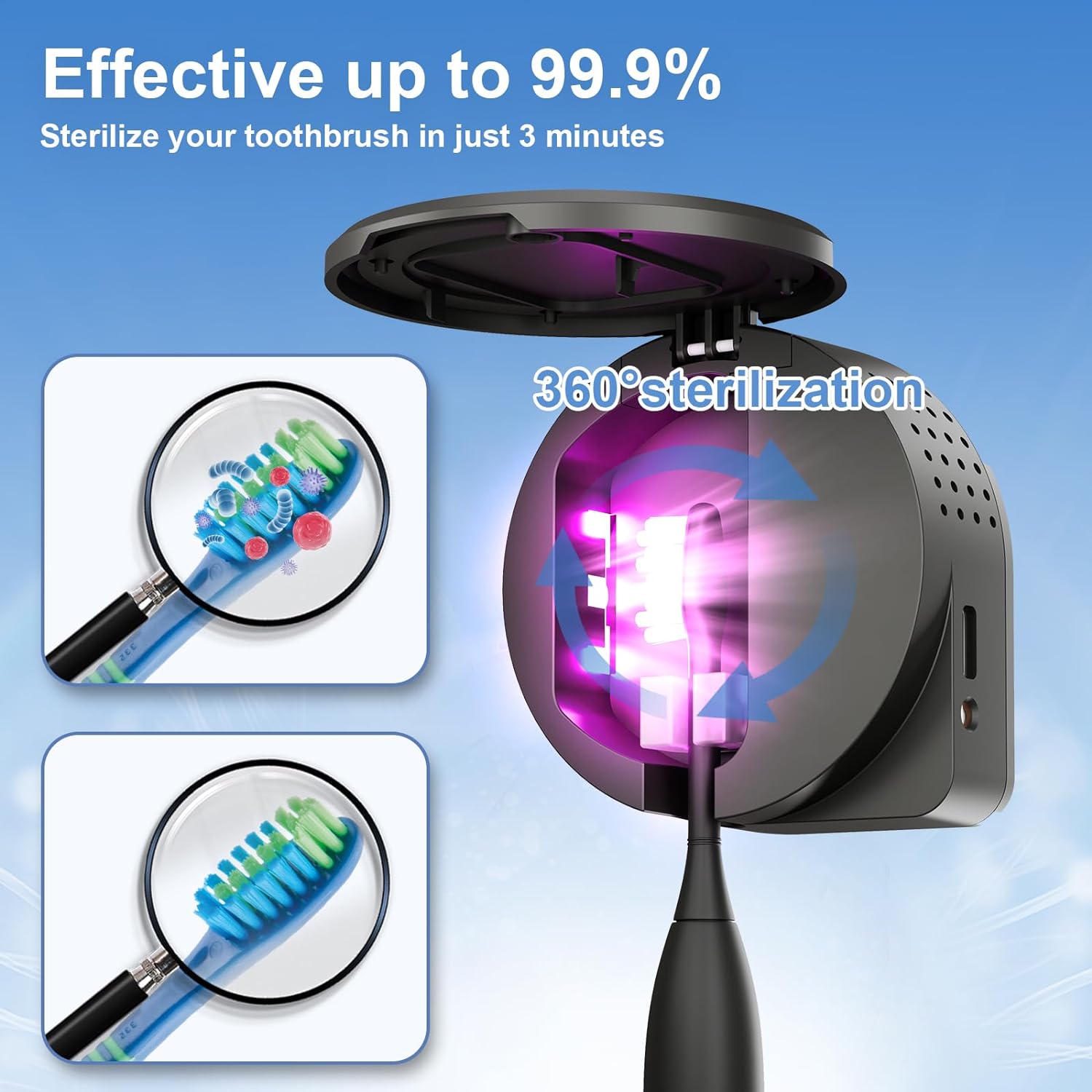 UV Toothbrush Sanitizer Holder, Toothbrush Sanitizer and Holder Cover Caps with Fan Drying, Rechargeable Portable Toothbrush Cleaner Case Fits Most Electric and Manual Toothbrushes (Black)