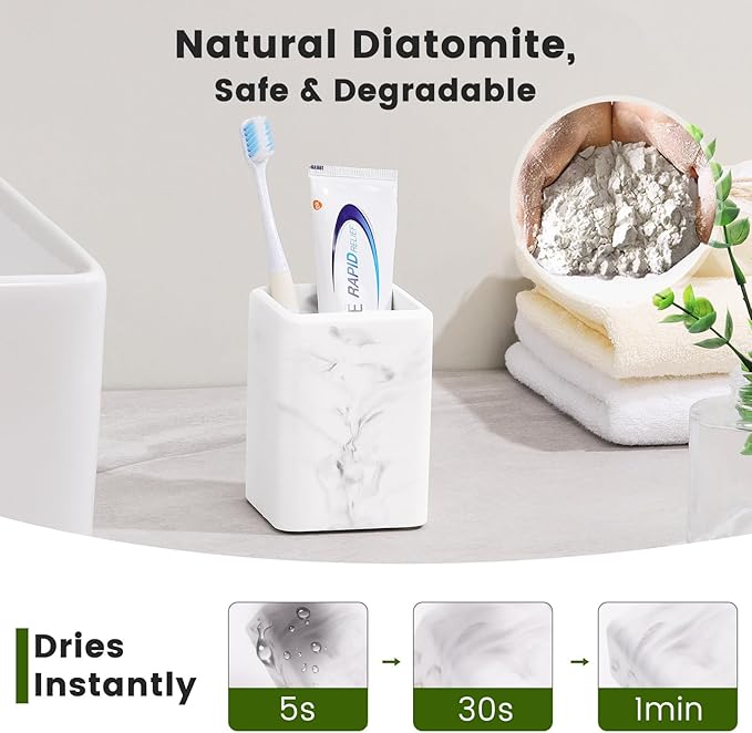 Luxspire Toothbrush Holders, Fast Drying Toothbrush Holders for Bathroom, Diatomite Toothbrush Cups Electric Toothbrush and Toothpaste Holder for Bathroom Countertop, Marble