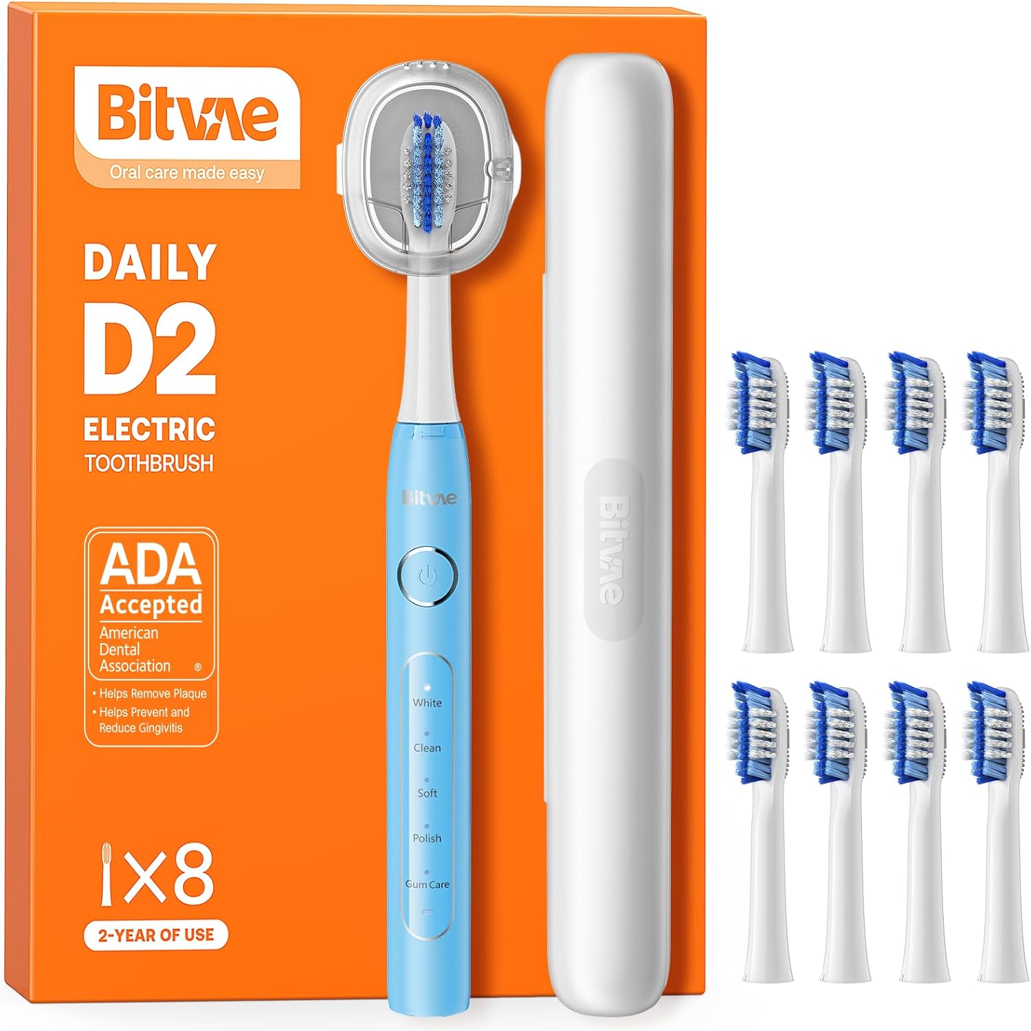 Bitvae ADA Accepted Electric Toothbrush, Travel Toothbrush Rechargeable for Adults and Kids, 60-Day Battery, 5 Modes, 8 Heads, Portable Travel Case & Holder, Sky Blue