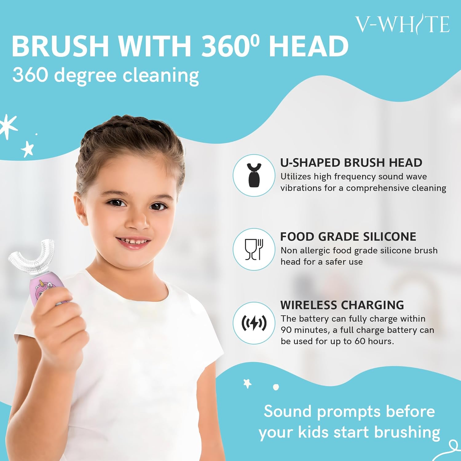 V-WHITE Electric Toothbrush Kids- Ultrasonic U-Shaped Toothbrushes for Teeth Whitening - 360° Mouth Cleansing, Hands Free Gums Protection - Wireless Charging & LED Light - Waterproof IPX7 Certified