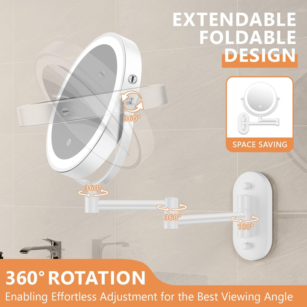 1X/30X Wall Mounted Makeup Mirror with Light, 8" Rechargeable Double-Sided Magnifying Mirror, Vanity Mirror Dimmable 3 Color Light, 360° Extension Rotation Foldable 14.5 Inch Arm, White