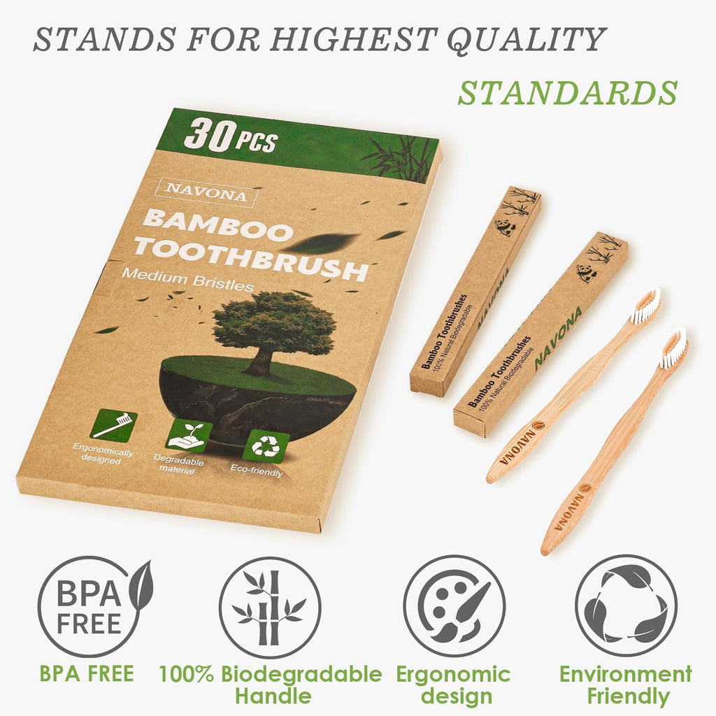 Navona 30 PCS Bamboo Toothbrushes Pack, BPA Free Medium Soft Bristles Toothbrushes for Adults, Eco-Friendly Natural Wooden Toothbrush Bulk, Box of Two Reusable Travel Toothbrush