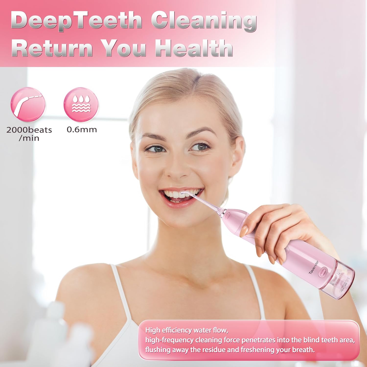 TOVENDOR Electric Water Flosser, Cordless Rechargeable Dental Oral Irrigator IPX7 Waterproof 300ML Travel Water Teeth Cleaner with 5 Tips for Braces Care Teeth Gums Cleaning, Home Office Daily Use