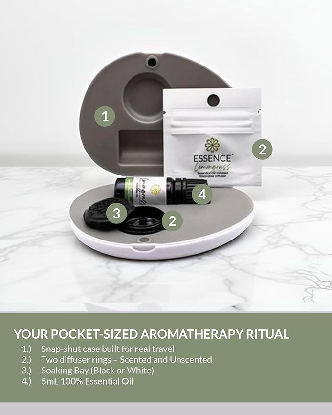 Essence Pearl Travel Case - Wearable Aromatherapy Kit with Nasal Diffuser Rings, Soaking Bay, and 5mL Essential Oil – Portable Wellness Gift Set for On-The-Go Self Care