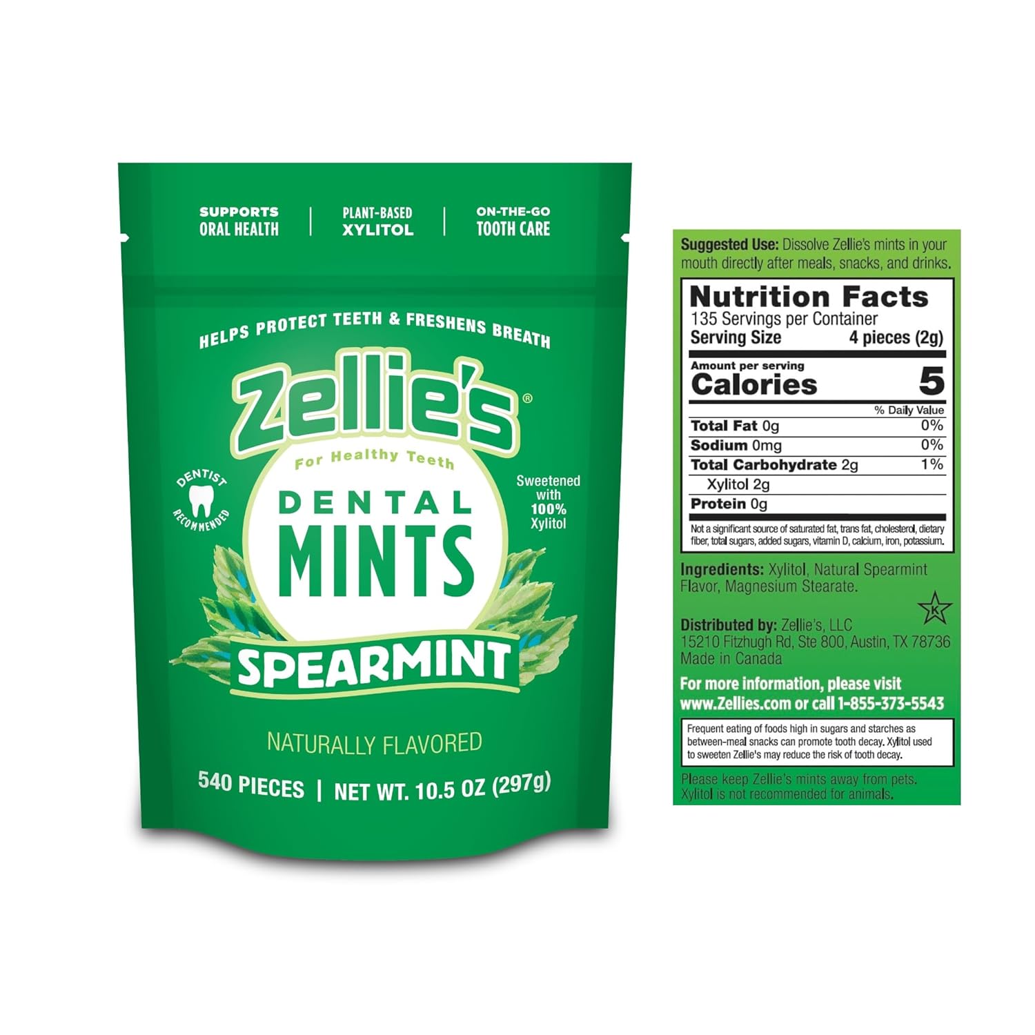Zellie's | 100% Xylitol Spearmint Breath Mints | No Aspartame, Gluten Free, Vegan & Kosher Mints (540 Count - Pack of 1)