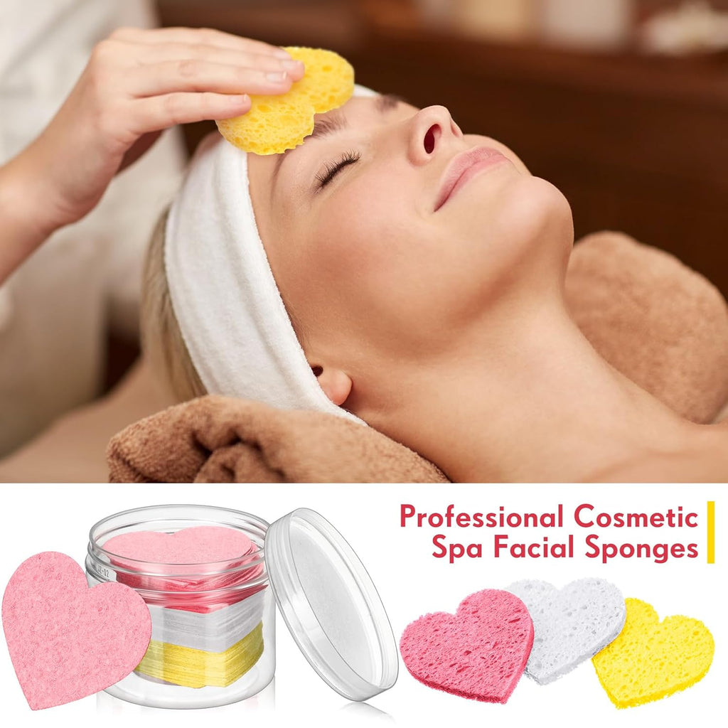 Nuenen 60 Pieces Facial Sponges with Container, Heart Shape Compressed Face Sponges Natural Cleaning Pads for Washing Face Cleaning Exfoliating Esthetician Makeup Removal (Pink,White, Yellow)