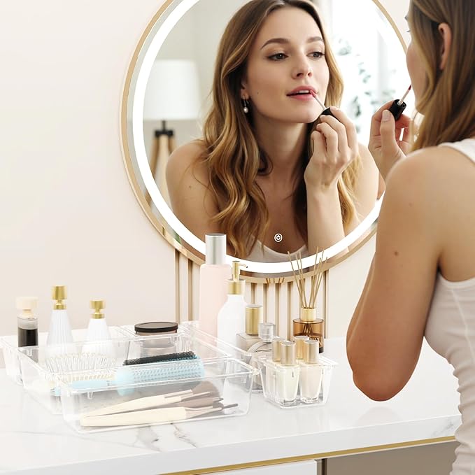 WOWBOX 32 PCS Clear Plastic Drawer Organizer Set, 4 Sizes Desk Drawer Organization and Storage Containers for Makeup, Cosmetics, Jewelry and Gadgets in Kitchen, Bathroom, Bedroom, Office, Clear