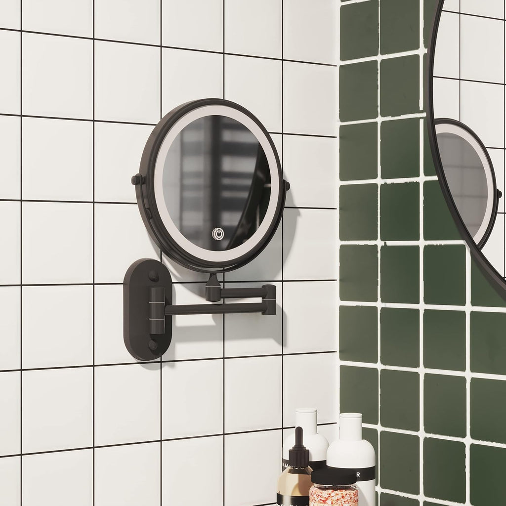 Ruacq Rechargeable Makeup Mirror Matte Black Double Sided Vanity Mirror with Lights Round 1x/10x Magnification 8 Inch Led Magnifying Mirror Stainless Steel and Zinc Alloy Modern Wall Mounted
