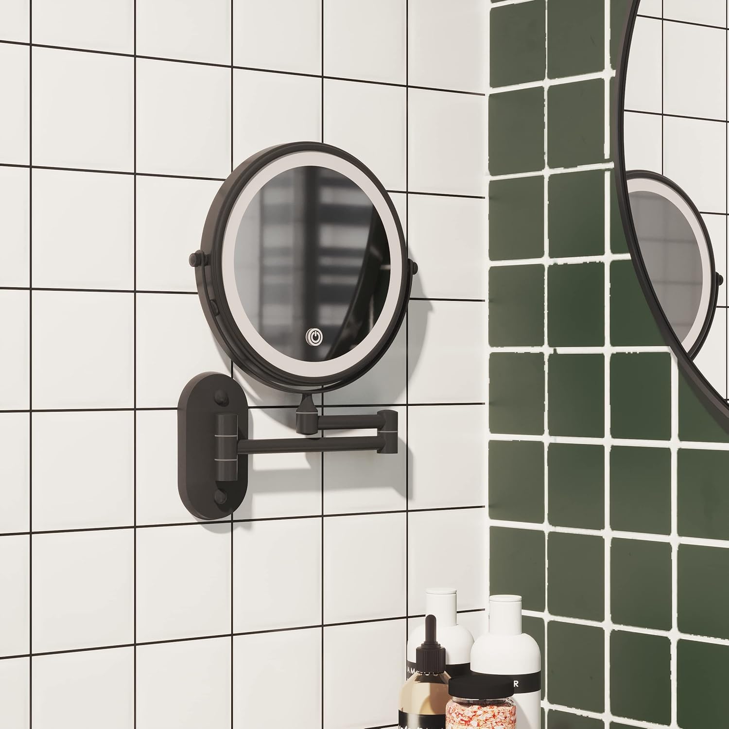 Ruacq Rechargeable Makeup Mirror Matte Black Double Sided Vanity Mirror with Lights Round 1x/10x Magnification 8 Inch Led Magnifying Mirror Stainless Steel and Zinc Alloy Modern Wall Mounted