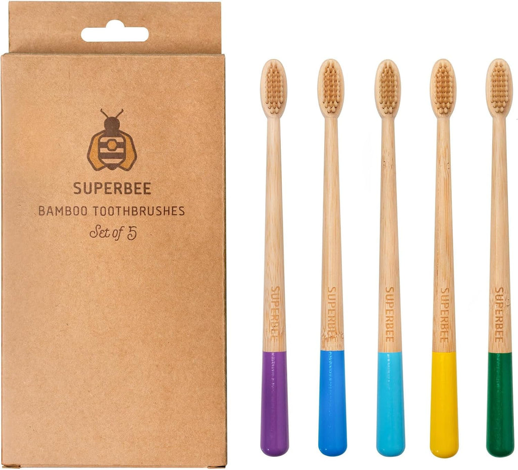 Superbee Biodegradable Bamboo toothbrushes – 5 Pack – Soft bristles for Adults & Kids’ Teeth with Colorful Handles - Eco-Friendly Natural Bamboo toothbrushes – Zero Waste Travel Toothbrush Kit