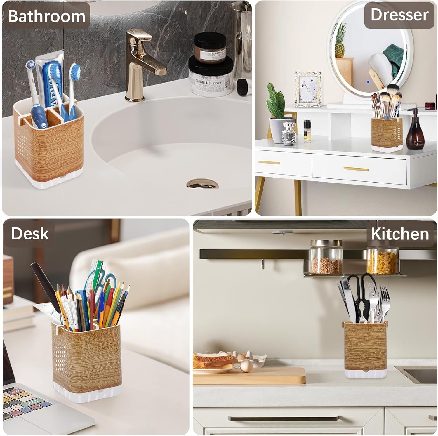 Boperzi Toothbrush Holders for Bathrooms Organizer Countertop, Detachable Anti-Slip Electric Toothbrush Holders for Kids, Toothbrush and Toothpaste Holder Storage Caddy Drainage for Shower Wood Grain