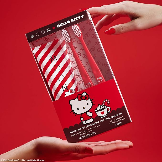 MOON x Hello Kitty Toothpaste, Peppermint Hot Chocolate Flavor, 4.2 Oz, No Fluoride or Sugar, Plus 2 Pack Extra Soft Bristle Toothbrushes, Gentle on Gums & Teeth for Adults & Children 2 Years+