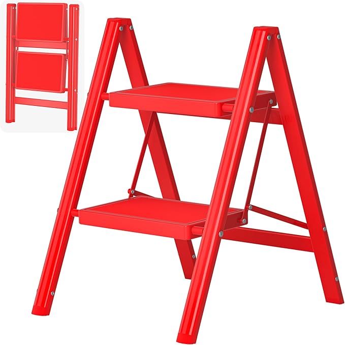 2 Step Ladder, Folding Step Stool with Anti-Slip Wide Pedal, Anti-Slip Feet, Sturdiest Steel Construction, Steel Ladder for Home and Office, Red